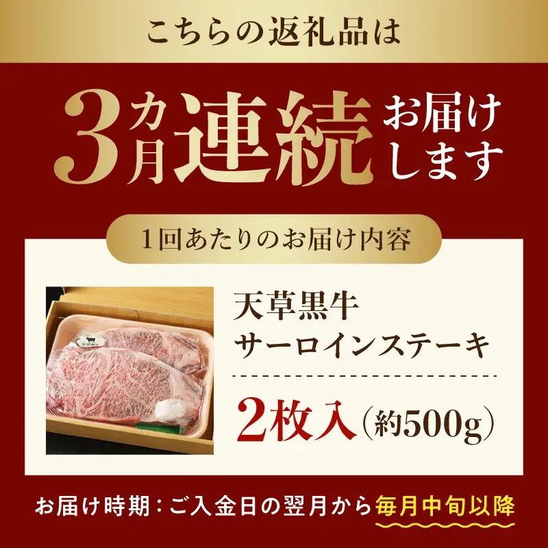 S074-013-T03_【定期便3回】天草黒牛 サーロイン ステーキ 2枚入 約500g 黒毛和牛 A4～5等級