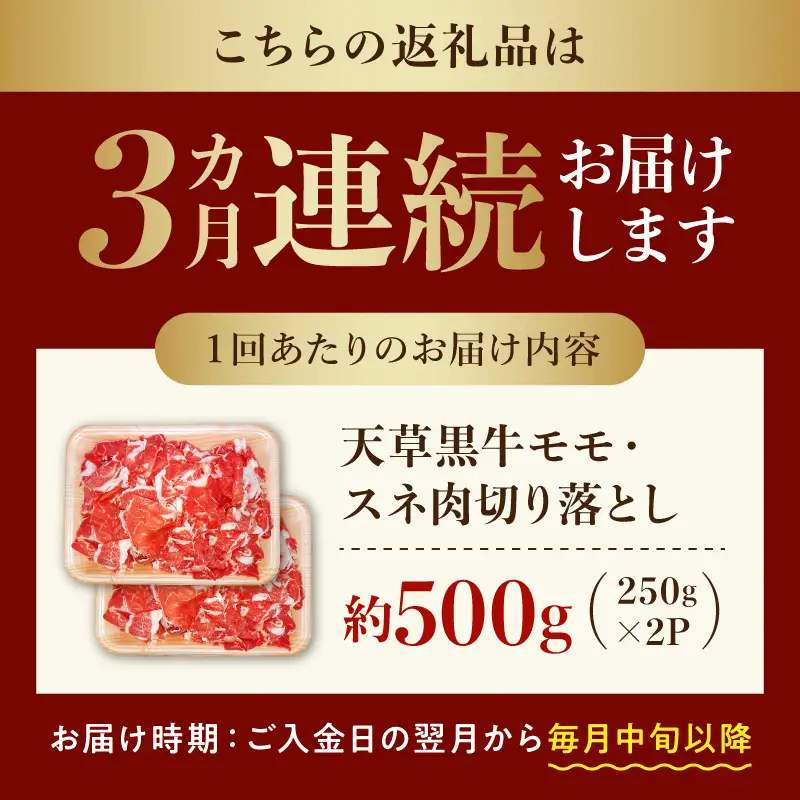 S074-016-T03_【定期便3回】天草黒牛 モモ・スネ肉 切り落とし約500g(250g×2P） 黒毛和牛 A4～5等級