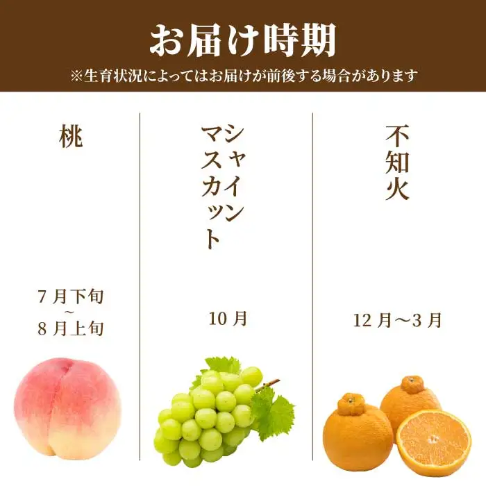 ひろしま フルーツ定期便 ～ 桃 シャインマスカット 不知火 (しらぬい) ～《全3回定期便》数量限定☆先行受付 フルーツ 果物 くだもの 産地直送 ぶどう ブドウ もも みかん 柑橘 三原・世羅共通返礼品 広島 T12