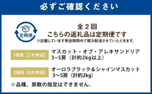 【 全2回定期便 （ 7月 ・ 8月発送予定 ） 】 マスカット ・ オブ ・ アレキサンドリア （ 3~5房 約2kg以上 ） 、 オーロラブラック ＆ シャインマスカット （ 3~5房 約2kg ） ブドウ ぶどう 葡萄 マスカット エメラルドグリーン 果物の女王 くだもの 果物 フルーツ 果実 果汁 果肉 国産 岡山県産 種なし 皮ごと 定期 定期配送 旬