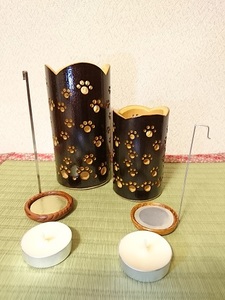竹製キャンドルホルダー 肉球セットＮ-1 (表皮焦がしタイプ)／癒し 竹あかり おうち時間 キャンプ