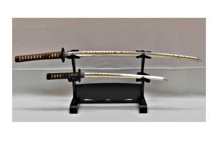 H85-08 模造刀 飾り刀（金茶） 大小セット 刀掛け付き　　( 濃州堂 )