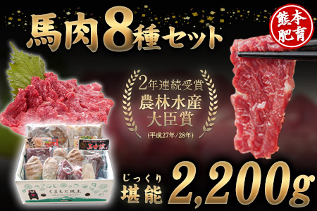 純国産馬肉8種セット 計2200g 《60日以内に出荷予定(土日祝除く)》熊本肥育 2年連続農林水産大臣賞受賞 送料無料 馬刺し 馬肉 馬スジ ホルモン 燻製 霜降り ハンバーグ 熊本県玉東町