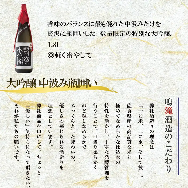 唐津地酒太閤 華やかな吟醸香と軽やかな味わい 香味のバランスに特別に優れた中汲み大吟醸酒 1800ml 1本 日本酒 C-1