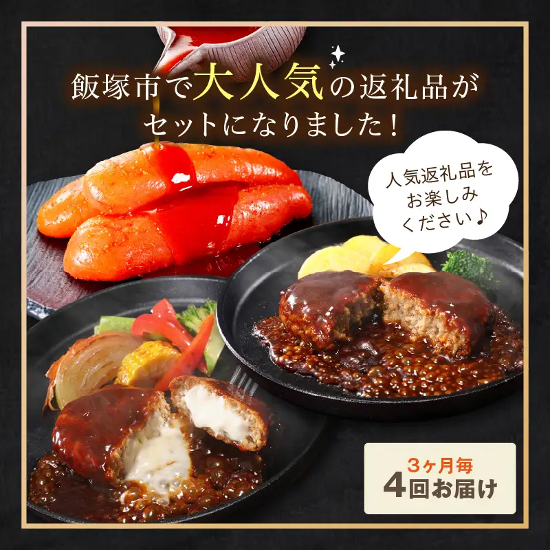 かねふく辛子明太子&デミソースのハンバーグ2種セット【3ヶ月毎定期便(計4回発送)】【F8-005】