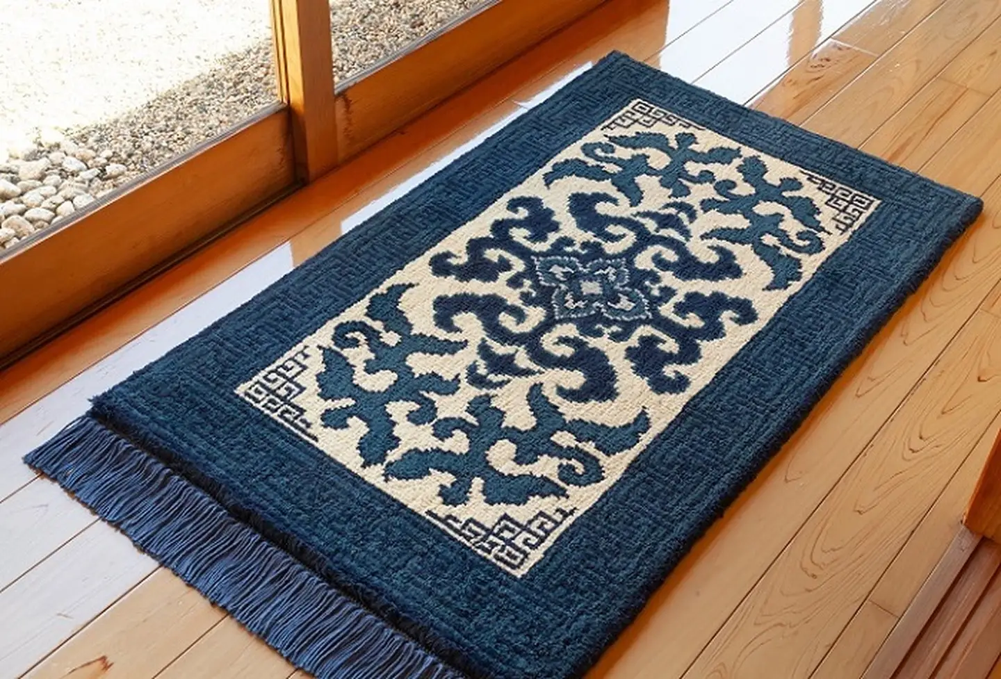 鍋島緞通[手織] 花菱龍唐草縁まんじ文 玉子地：C812-003