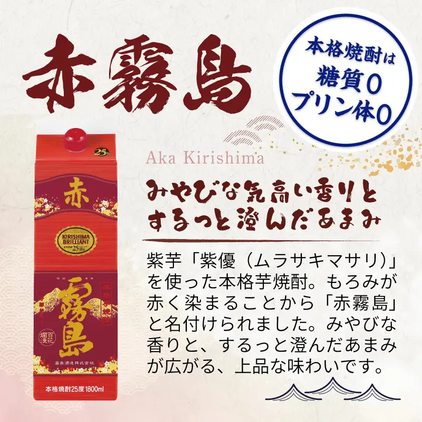 赤霧島パック(25度)1.8L×6本〔AF-3801〕_ (都城市) 本格いも焼酎 紙パック焼酎 霧島酒造 一升パック 焼酎セット あかきりしま お酒 アルコール ストック 家飲み 宅飲み お酒 晩酌 焼酎 本格焼酎