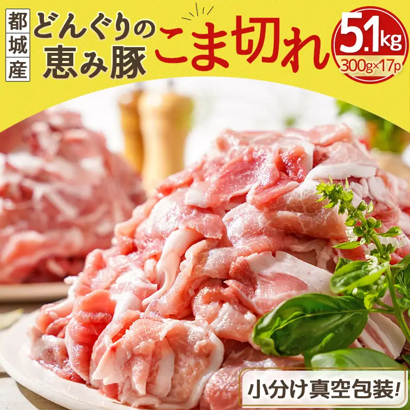 「どんぐりの恵み豚」こま切れ5.1kg〔17-1103〕_(都城市) 都城産 300g 17P 小分け 真空包装 保存に便利 冷凍 豚肉 コク サッパリ