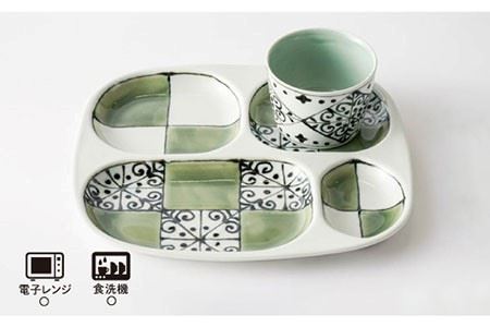 【波佐見焼】おつまみ プレート・ミニカップ ペアセット「市松」 グリーン 食器 皿 【大新窯】 [DC54]  波佐見焼