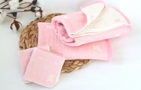 【babybear】多重ガーゼ miniバスタオル＆ハンカチ 4枚セット（ピンク）
