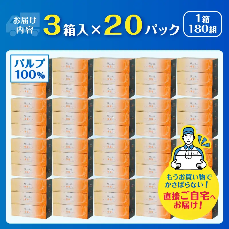 ボックスティッシュ 「デュー保湿ティッシュ」 極上の潤い 60箱 (3箱×20パック) ティッシュペーパー なめらか しっとり 富士山麓の天然水 保湿 冬場 花粉症 日用品 消耗品 生活用品 富士市 [sf002-031]