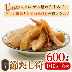 節だし筍（たけのこ）100g×6袋 宮崎県産 国産 かつお節の旨味 保存料 着色料 甘味料 不使用 小分け 調理済み おかず おつまみ サクサク食感 柔らかい 甘め だしの風味 ごはんのおとも 宮崎県 延岡市 お取り寄せ お取り寄せグルメ 送料無料 N067-YA0426
