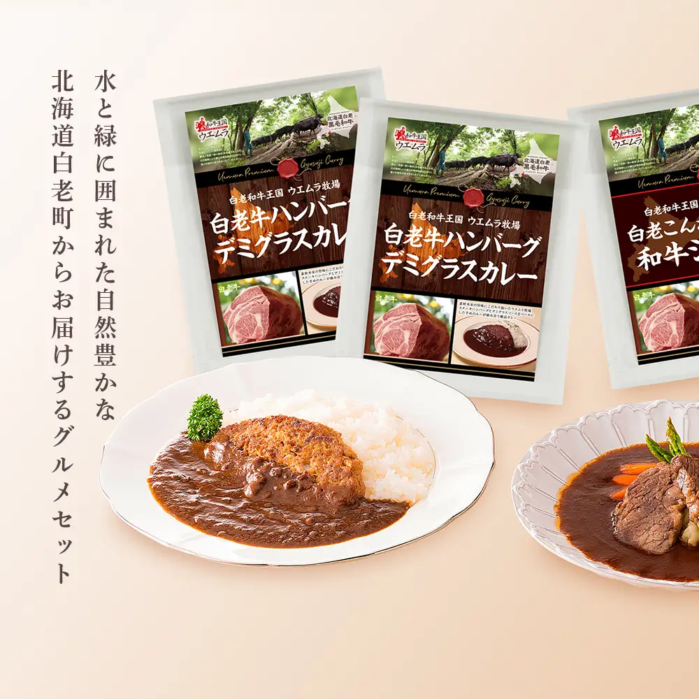 ＜ウエムラ牧場＞白老牛ハンバーグカレー・シチューセット