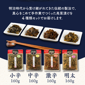 【明太味がリニューアル！】福岡県産辛子高菜4種セット_福岡県産 辛子高菜 4種 セット 各 160g 計 640g 小辛 辛さ控えめ まろやか 中辛 ピリッとした辛さ 一番人気 激辛 複数 唐辛子 辛い物好き 必見 明太 明太子 旨味 相乗効果 九州の味 高菜漬 ご飯のお供 ラーメン 高菜チャーハン おにぎり アレンジ 送料無料 〔Ca208〕