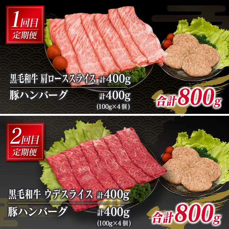 3か月 お楽しみ 定期便 黒毛和牛 スライス 豚 ハンバーグ 総重量2.4kg_GE15-25