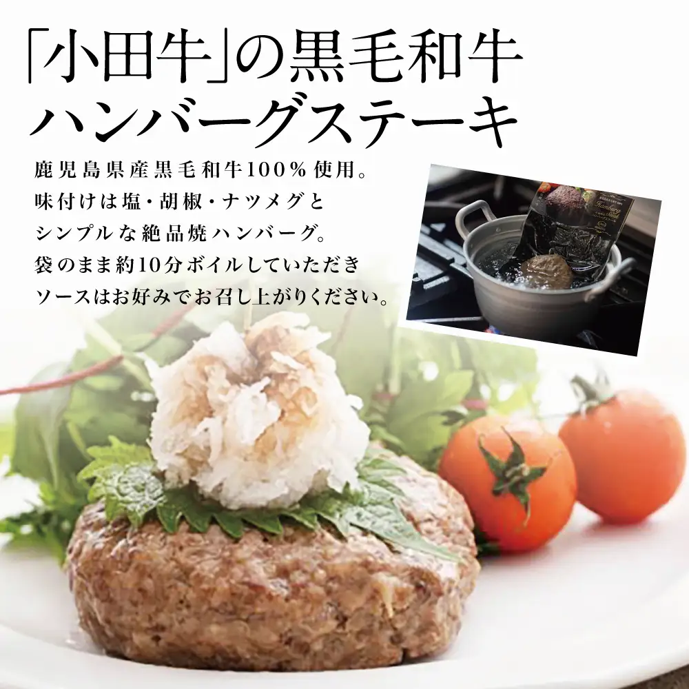 【プレミアムブランド】鹿児島県産黒毛和牛「小田牛」 牛肉100％ ハンバーグステーキ 4個（120g×4） 牛肉 総菜 レトルト 黒毛和牛 小田畜産 冷凍 ギフト 贈答 南さつま市