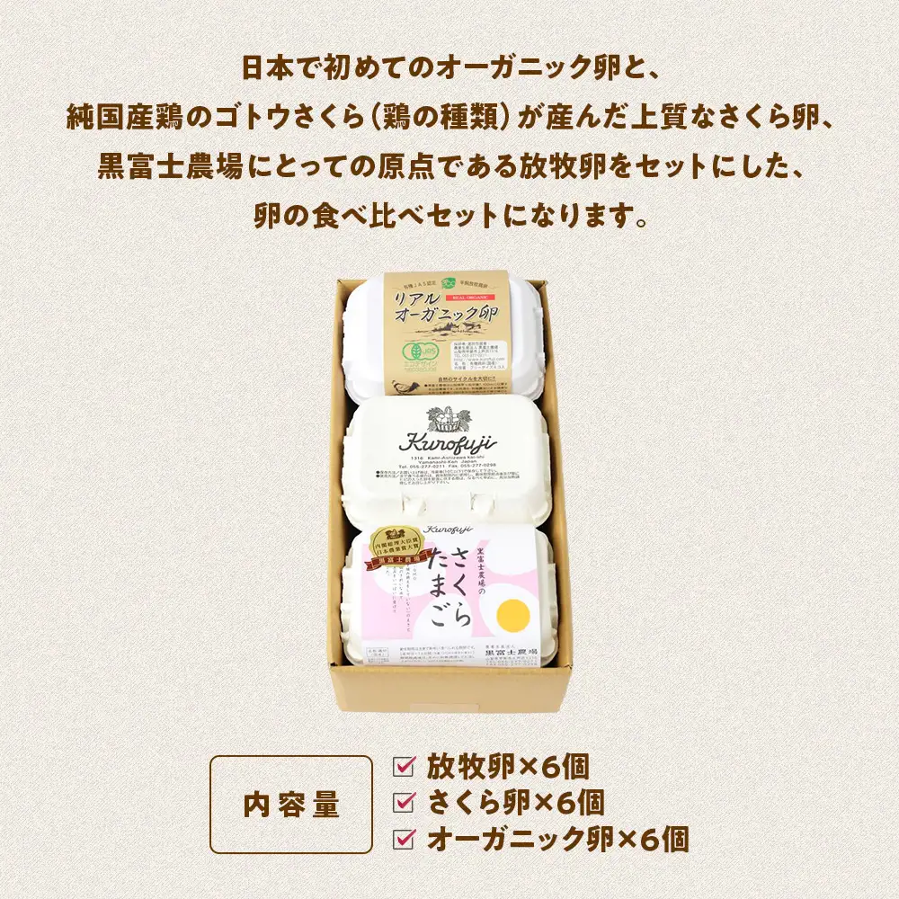 黒富士農場の卵食べ比べセット 計18個 さくら卵 オーガニック 山梨県 甲斐市 B-27