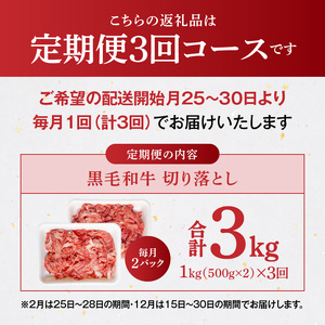 S001-001-T03A_【定期便3回】A4～A5等級 黒毛和牛 切り落とし1kg（500g×2P）3か月連続お届け / 【定期便】 3回 ミシュランビブグルマン 獲得 切り落とし 500g × 2パック A4 〜 A5等級 特選 毎月届く 肉 牛肉 和牛 国産 サシ 霜降り 黒毛和種 炒め物 牛丼 肉じゃが 肉うどん 熊本県 天草市 お取り寄せ グルメ 送料無料