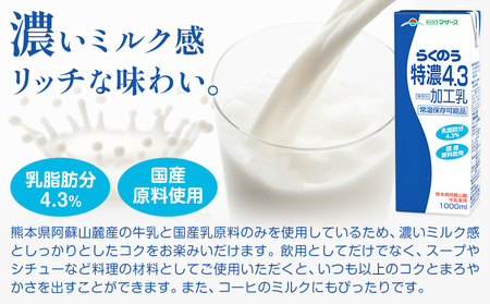 常温保存可能 らくのう特濃4.3 1000ml × 6本 合同会社たべたせいか《30日以内に出荷予定(土日祝除く)》熊本県 菊池市 紙パック 牛乳 　特濃 飲料 らくのうマザーズ 乳飲料 乳性飲料 ロングライフ 常温保存 長期保存 熊本県産