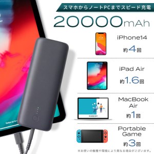 MOTTERU(モッテル) PD60W出力対応　モバイルバッテリー 大容量20,000mAh スマホ約4回分充電 2年保証（MOT-MB20001）スモーキーブラック