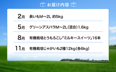 十勝幕別の定期便 旬野菜 年4回お届け（長いも・アスパラガス・とうもろこし・じゃがいも）【 長芋 アスパラ コーン いも ジャガイモ 産地直送 定期便 北海道 十勝 幕別 】
