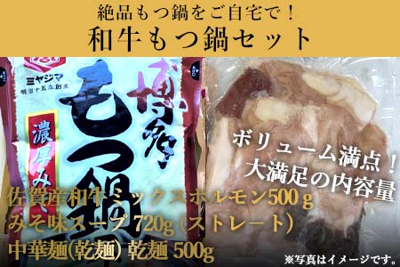 和牛もつ鍋セット 佐賀産和牛ミックスホルモン500ｇ 濃厚みそ味ス－プ 乾麺 (3～4人前)