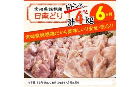 【6ヶ月定期便】宮崎県産若鶏　日南どり　もも肉＆むね肉　計4kg（各2㎏×1） 【 ふるさと納税 鶏肉 鶏 若鶏 もも むね セット 宮崎県産 川南町 おうち時間 おうちごはん 定期便 送料無料 】