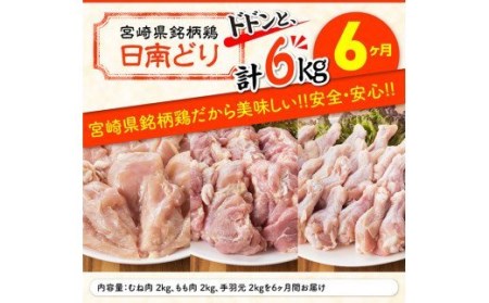 【6ヶ月定期便】宮崎県産若鶏　日南どり　もも肉＆むね肉＆手羽元　計6kg（各2㎏×1） 【 ふるさと納税 鶏肉 鶏 若鶏 もも むね 手羽元 セット 宮崎県産 川南町 おうち時間 おうちごはん 定期便 送料無料 】