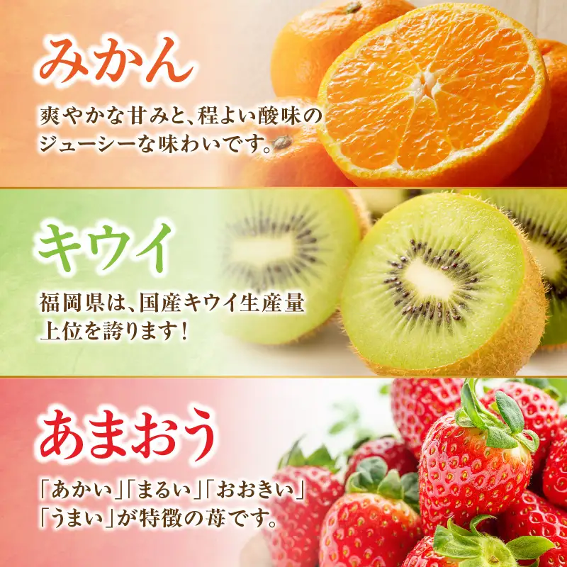 九州・福岡フルーツ王国八女 旬のフルーツ定期便【全3回】A ＜配送不可：北海道・沖縄・離島＞ フルーツ 定期便 あまおう みかん キウイ 季節のフルーツ 果物 おすすめ セット 産地直送 福岡県 八女市 072-T001