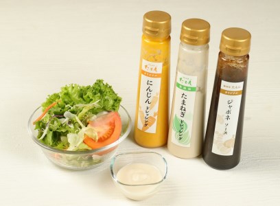 無添加ドレッシングと濃厚ジャポネソースのセット　計3本_ドレッシング 2種 ジャポネソース セット 計 3本 600g 非加熱 生酵素 低オイル ヘルシー 人参 玉ねぎ 甘み 癖になる 美味しい 玉ねぎドレッシング 人参ドレッシング フレッシュ サラダ 洋食店の味 濃厚 万能 ソース 瓶 お取り寄せ 福岡県 久留米市 送料無料 〔Cd021〕