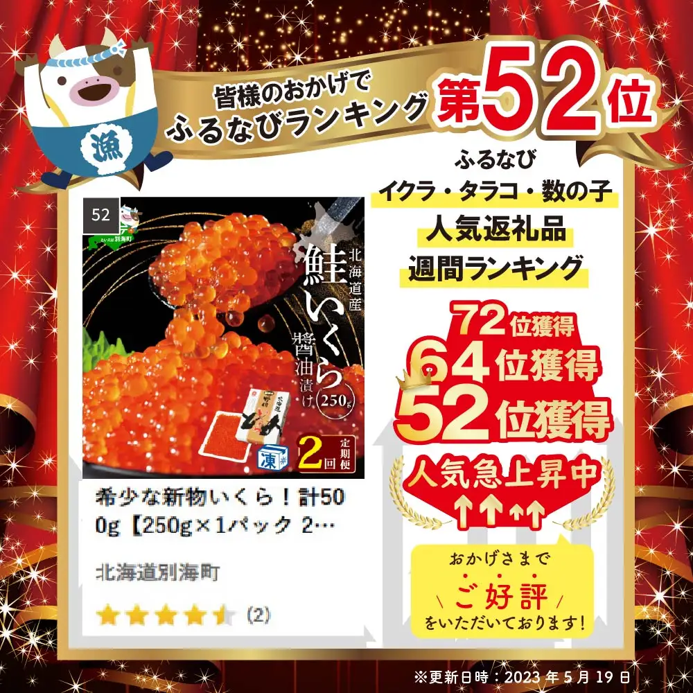 【定期便 2ヵ月】 計500g【250g×2回 お届け】本場「北海道」いくら 醤油漬け いくら
