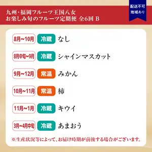 九州・福岡フルーツ王国八女　お楽しみ旬のフルーツ定期便【全６回】Ｂ｜＜配送不可：北海道・沖縄・離島＞ あまおう いちご 苺 イチゴ 梨 なし シャインマスカット みかん 柿 かき キウイ フルーツ 072-T012