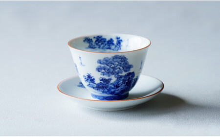 有田焼 手描き 山水絵 せん茶碗皿セット 小 【起山窯】食器 器 うつわ 茶器 煎茶碗 湯呑み 湯呑 茶托 小皿 菓子皿 食洗機対応 A30-642