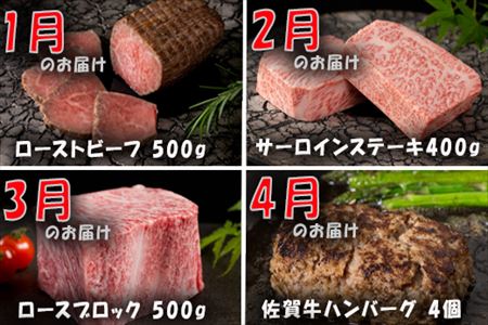【定期便全12回】佐賀牛定期便「ローストビーフ(3回)・サーロイン(2回)・ロースブロック・ハンバーグ(2回)・カルビ(モモ)・カルビ(ロース)・しゃぶしゃぶ用(ロース)・すき焼き用ロース」毎月発送いたします!