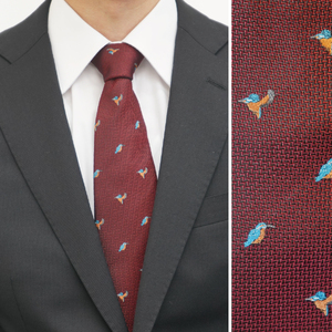 カシワギオリジナル　鳥のネクタイ「カワセミ・フクロウ」カワセミ　レッド シルクネクタイ ファッション プレゼント 日本製