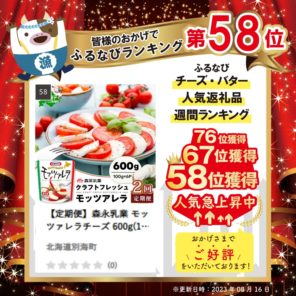 【定期便】森永乳業 モッツァレラチーズ 600g(100g×6P) × 2ヵ月 全2回  （ チーズ モッツァレラ 北海道 別海町 人気 ふるさと納税 ）