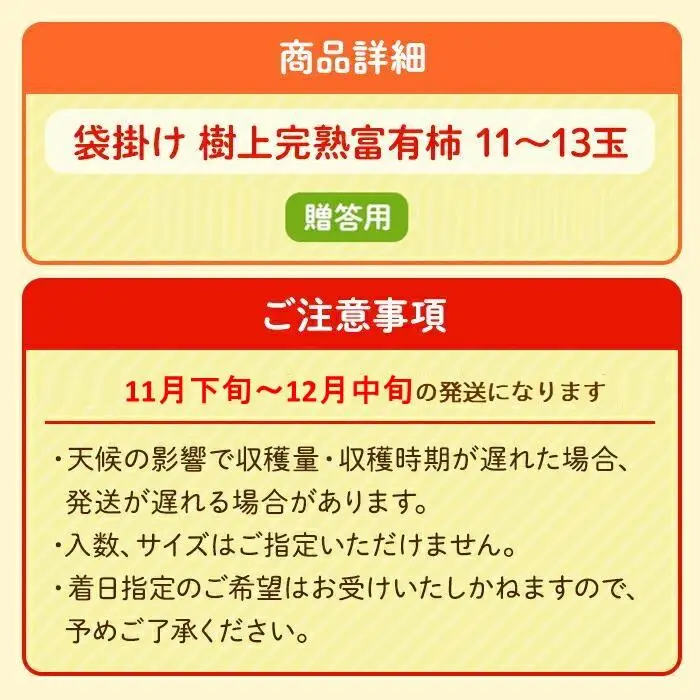 ◆先行予約◆［本場和歌山県特産］富有柿の最高級ブランド「（袋掛け）樹上完熟富有柿」＜贈答用／赤秀＞11～13玉入り［2026年11月下旬以降発送］［MG5］柿 富有柿 贈答 先行予約 高級品