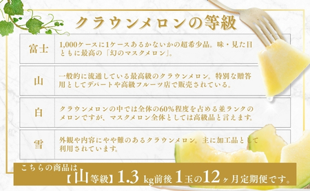 クラウンメロン 定期便 12ヶ月 メロン 1玉 上 山等級 中玉 1.3kg前後 果物 くだもの フルーツ 旬の果物 旬のフルーツ 青肉 高級フルーツ 青肉メロン めろん マスクメロン 高級メロン フルーツ定期便 12回 1年 お楽しみ 静岡 静岡県 森町