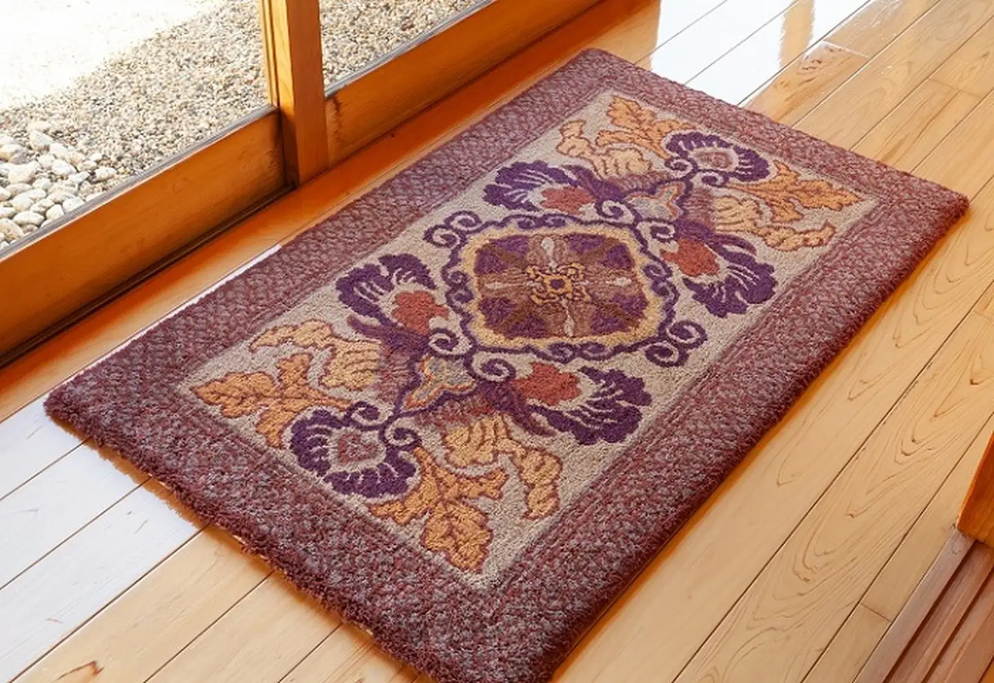 鍋島緞通 [手刺繍] 蟹牡丹文縁七宝 茶地桑色：C510-014