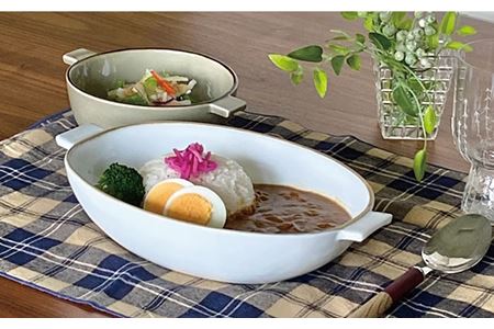 【波佐見焼】グラタン皿 大 ホワイト（藁白） 2枚セット カレー皿 パスタ皿 食器 皿 【和山】 [WB134]  波佐見焼