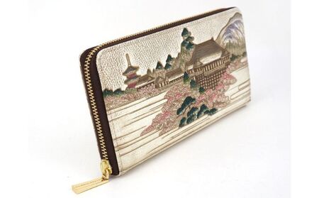 【文庫屋大関】大容量　ぐるっとファスナーの長財布　浮世絵　清水寺【皮革工芸品】 ファッション 小物 仕切り カードポケット ロングポケット 