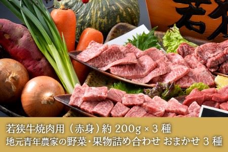 若狭牛焼肉 赤身三種 食べ比べセット ～地元青年農家の野菜・果物付き～ [D-1803]