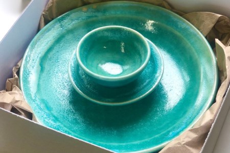 あさひのうつわ　3点セット　ヒスイの色（Hisui Green） / 赤川焼 / 富山県 朝日町 [34310235]