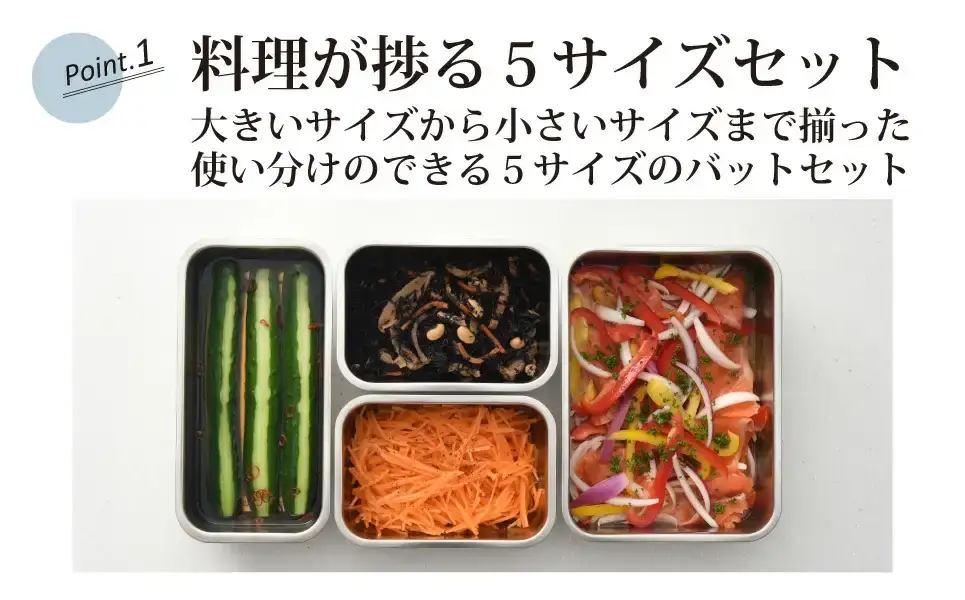 お料理はかどる 蓋付き角バット お得なバラエティセット （1/1×1個、1/2×2個、1/3×3個、1/4×4個、1/2スリム×2個　角バット計12点セット） ステンレスバット【030S004】