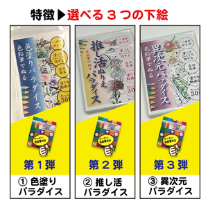 色鉛筆付き「色塗りパラダイス」と称してハガキサイズ色鉛筆で初めての方も安心のスターターセット【30枚＋12色の色鉛筆】見本が見やすく塗り方説明動画のオマケ付き。たっぷりの絵柄にドンドン挑戦できるのが特徴 ※着日指定不可