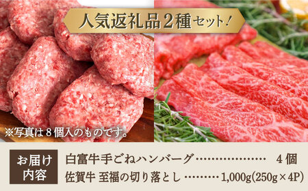 手ごねハンバーグ 4個＆佐賀牛 切り落とし 1000g（250g×4パック）/ ハンバーグ 牛肉切り落とし [IAH131]
