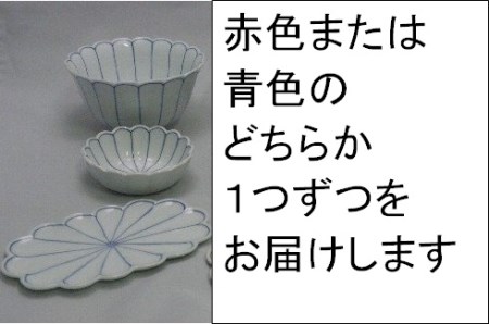 【伊万里焼】菊割丼・小鉢・菊浅皿（赤・青どちらかの色を一つずつ） 035-H394