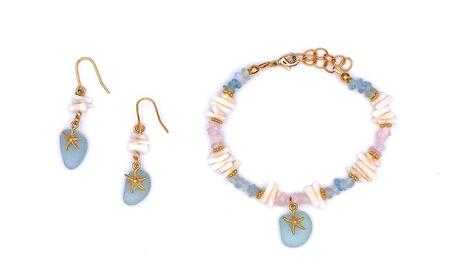 【ブレスレット＆ピアス】Sサイズ｜サンゴとシーグラスのアクセサリーセット