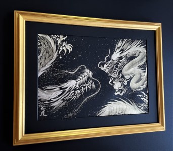 現代水墨画家 絵師白道 作「一筆銀双龍」｜絵画 アート インテリア 手描き [0623]