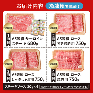 【定期便】A5等級　飛騨牛贅沢食べ比べセット※4回に分けてのお届けとなります。（サーロインステーキ680ｇ・ロースすき焼き用750ｇ・ロースしゃぶしゃぶ用750ｇ・ロース焼肉用750ｇ）【0016-084】岐阜県 可児市 肉 牛肉 国産 ﾌﾞﾗﾝﾄﾞ 和牛 黒毛和牛 ﾘﾌﾞﾛｰｽ ﾋﾚ ｻｰﾛｲﾝ 甘味 旨味 冷凍